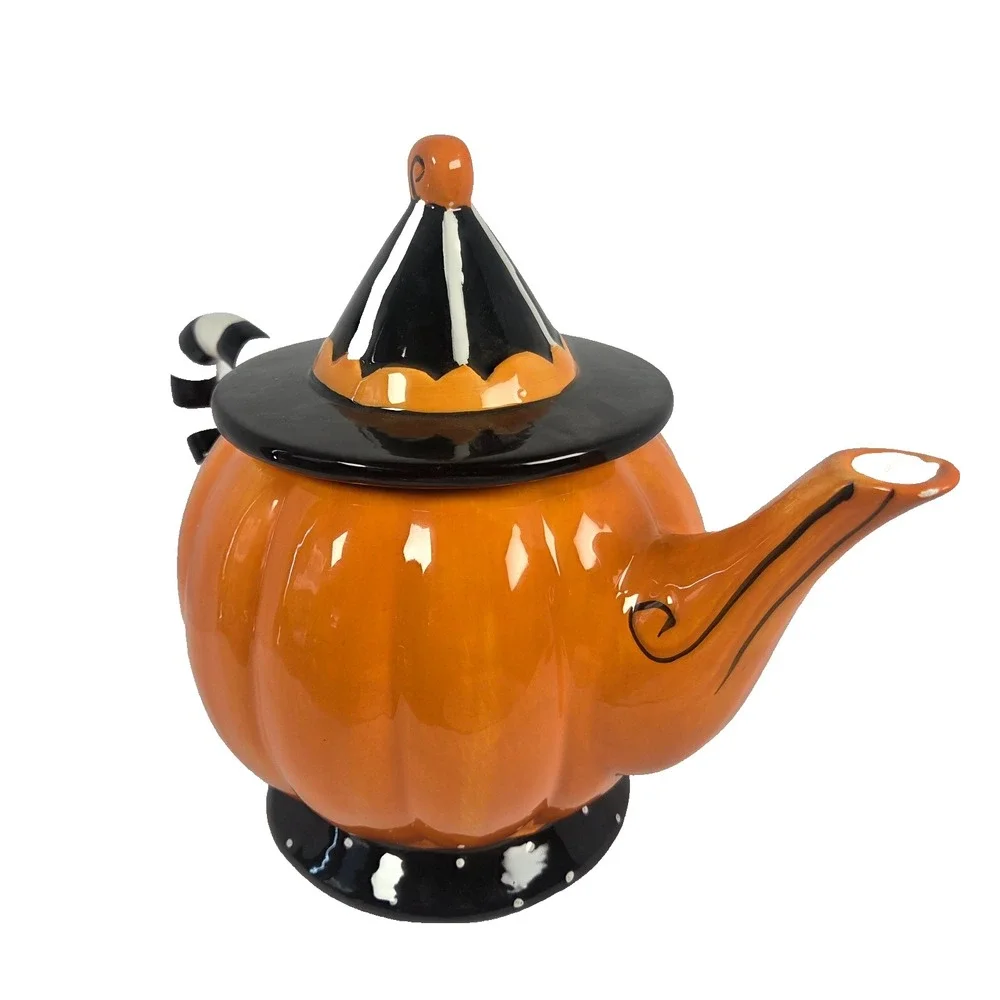 Broomstick BLVD Pumpkin Teapot 11 Inch Orange Jack O Lantern Halloween Ceramic